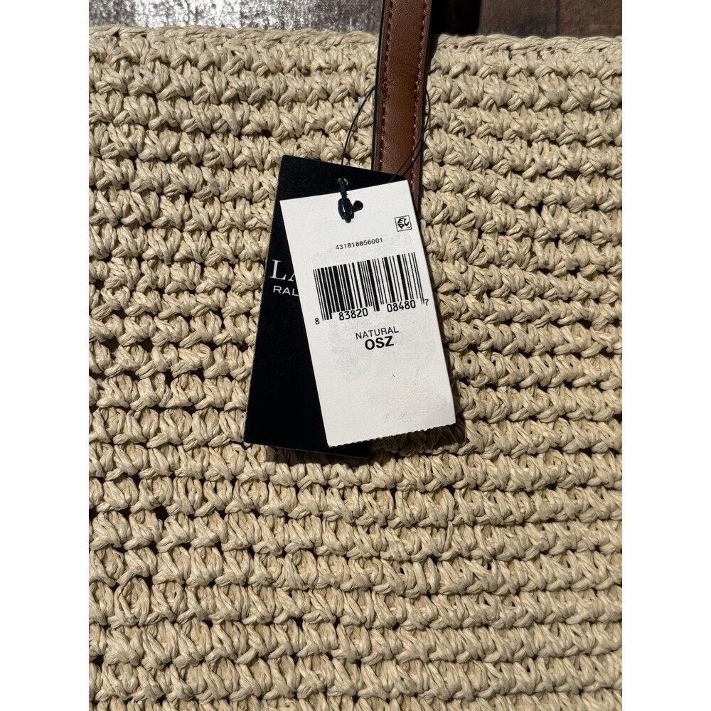 NWT Lauren RALPH LAUREN Crochet-Straw Medium Whitney Tote Natural/Lauren Tan - Picture 7 of 16